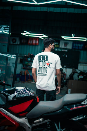 Never Stop Riding - Round Neck T-Shirt - White